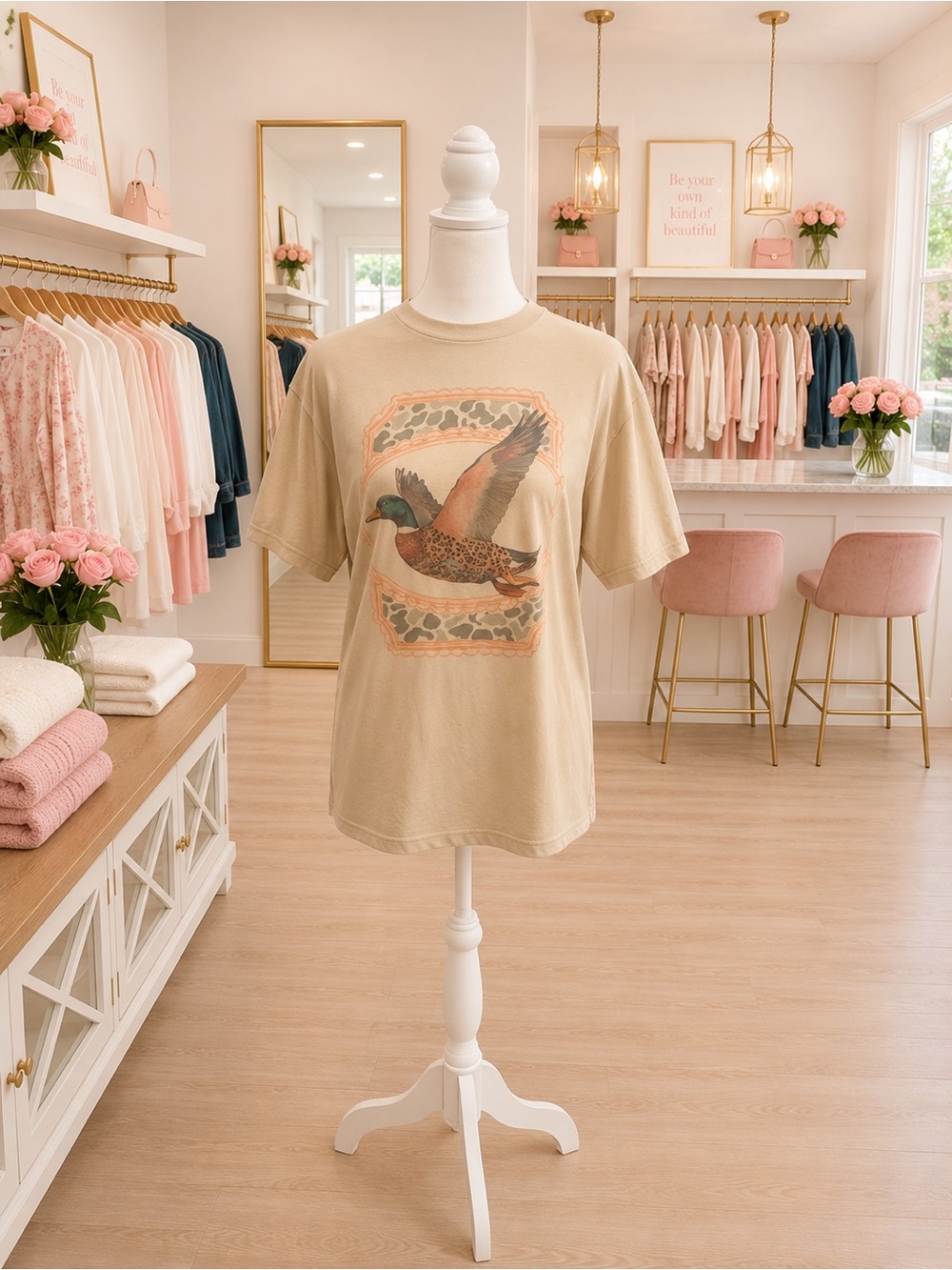 Gildan Tan Duck Graphic T-Shirt NWOT Sizes Small–XL Mallard Leopard Print